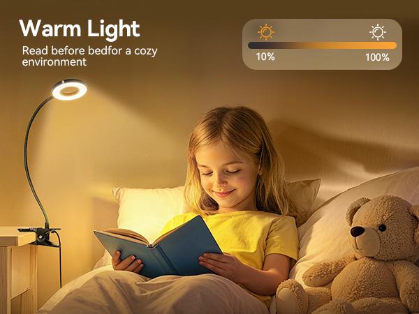 LED Clip-on Reading Light for Bed - 3 Color Modes & 10 Dimmable Brightness Levels - Eye-Caring Desk Lamp