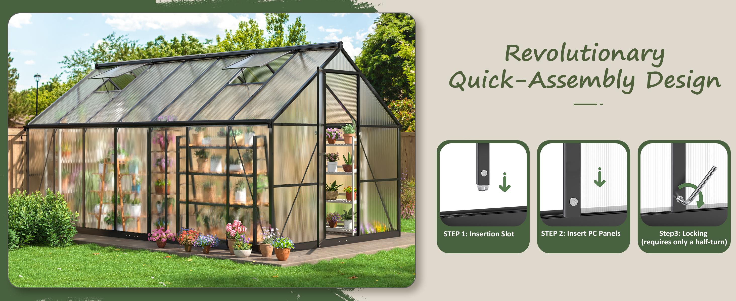 Outdoor Greenhouse crafted from polycarbonate, designed with a rapid assembly framework and enhanced roof ventilation, an aluminum walk-in greenhouse ideal for garden and backyard applications. Outdoor Greenhouse crafted from polycarbonate, designed with a rapid assembly framework and enhanced roof ventilation, an aluminum walk-in greenhouse ideal for garden and backyard applications.