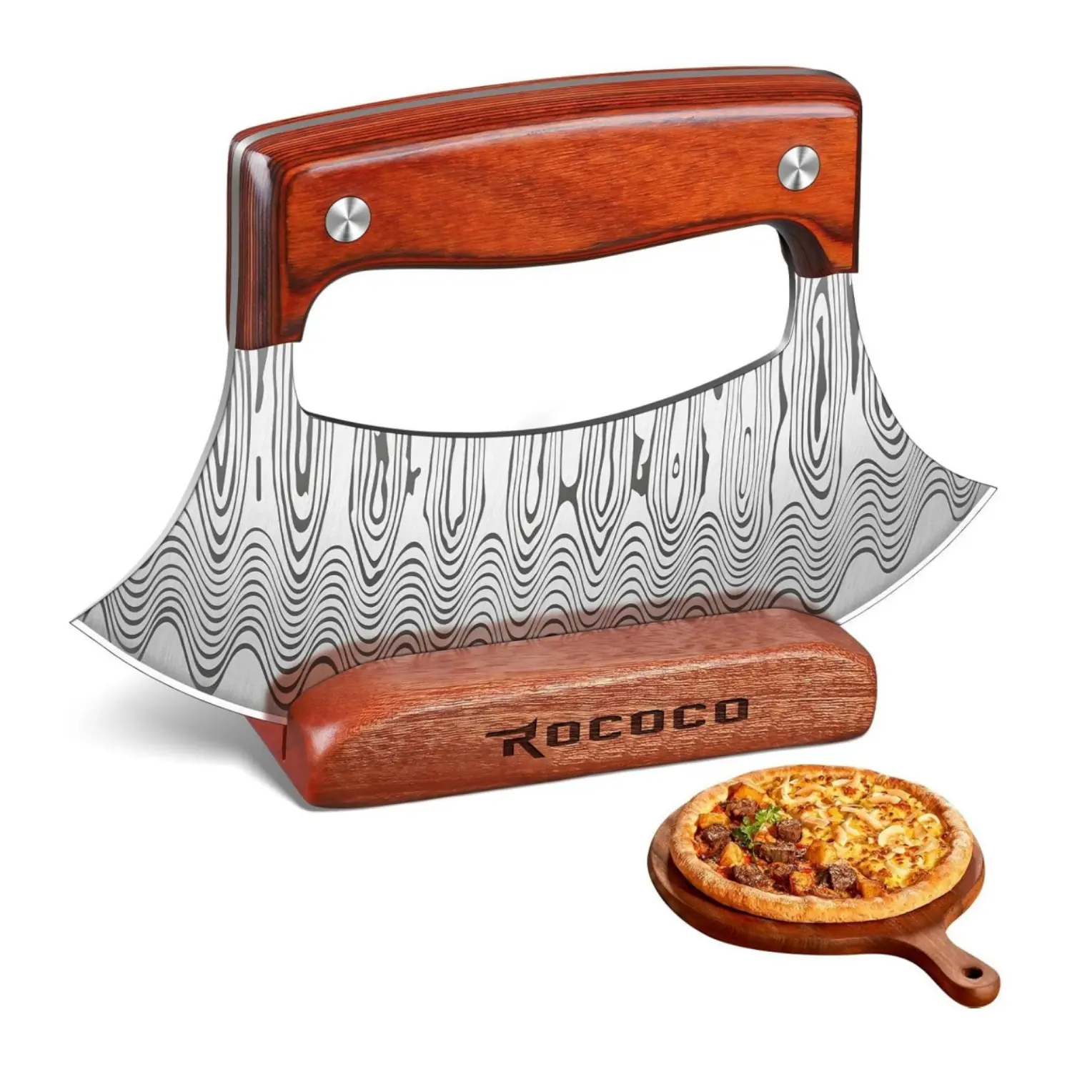 ROCOCO Pizza Cutter Ulu Knife – Full Tang Mezzaluna Rocker Knife with Wood Block for Kitchen Christmas Gifts for Men Women