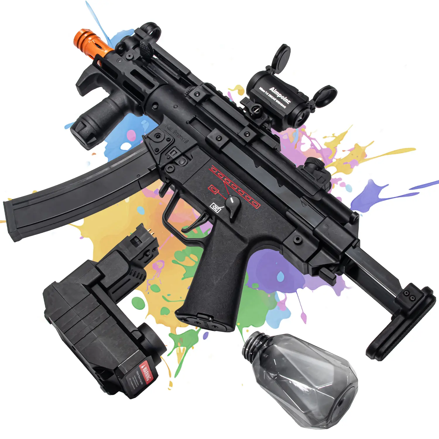 59cm MP5 Electric Gel Blaster Toy - Dual Magazines, Non-Removable Orange Muzzle, Extendable Rear Support, Ideal Gift for 12 Years Above Boys, Gel Blasters