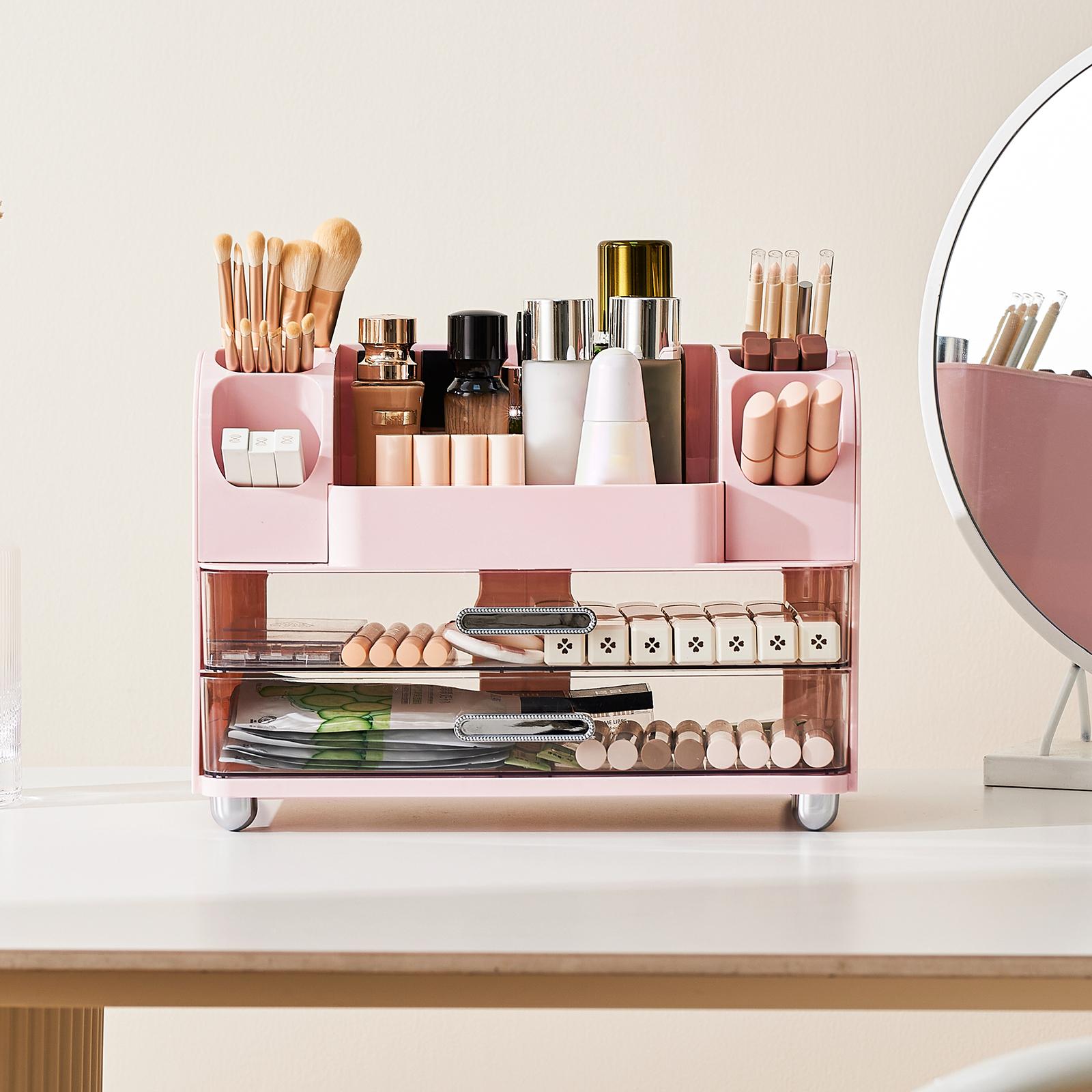 UFORU makeup organizer for Vanity with 2 Large Drawers, Cosmetic Display Case with Brush Holders, Easy to Storage for Bathroom Countertop Skincare, Desk Office Supplies,Pink Boxes Gift, jewelry organizer