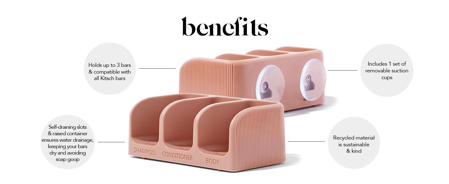 Kitsch Self-Draining Soap Dish – Recycled Plastic Holder for Shampoo, Conditioner, and Body Wash Bars, Holds 3 Bars with Removable Suction Cups