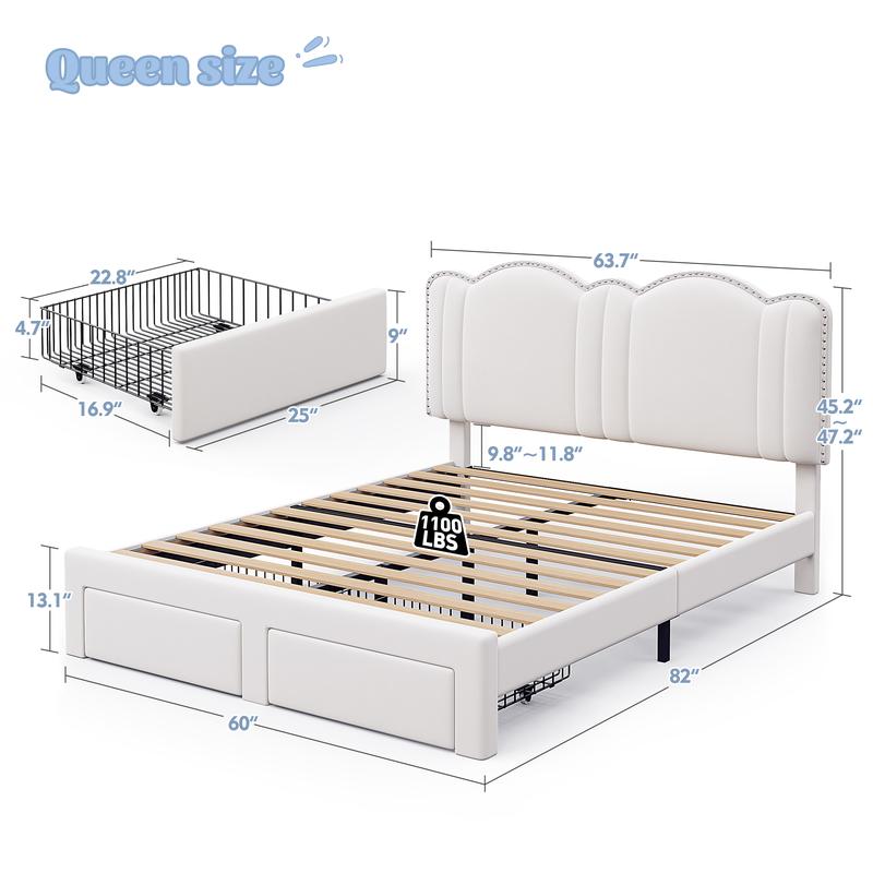 Raybee Furniture Full/Queen Size Upholstered Bed Frame with Velvet Cloud Headboard, Pink Princess Bed Frames with Storage Drawer and LED, Headboard Height Adjustable, Strong Support, No Box Spring Needed, Easy Assembly [Black Friday]