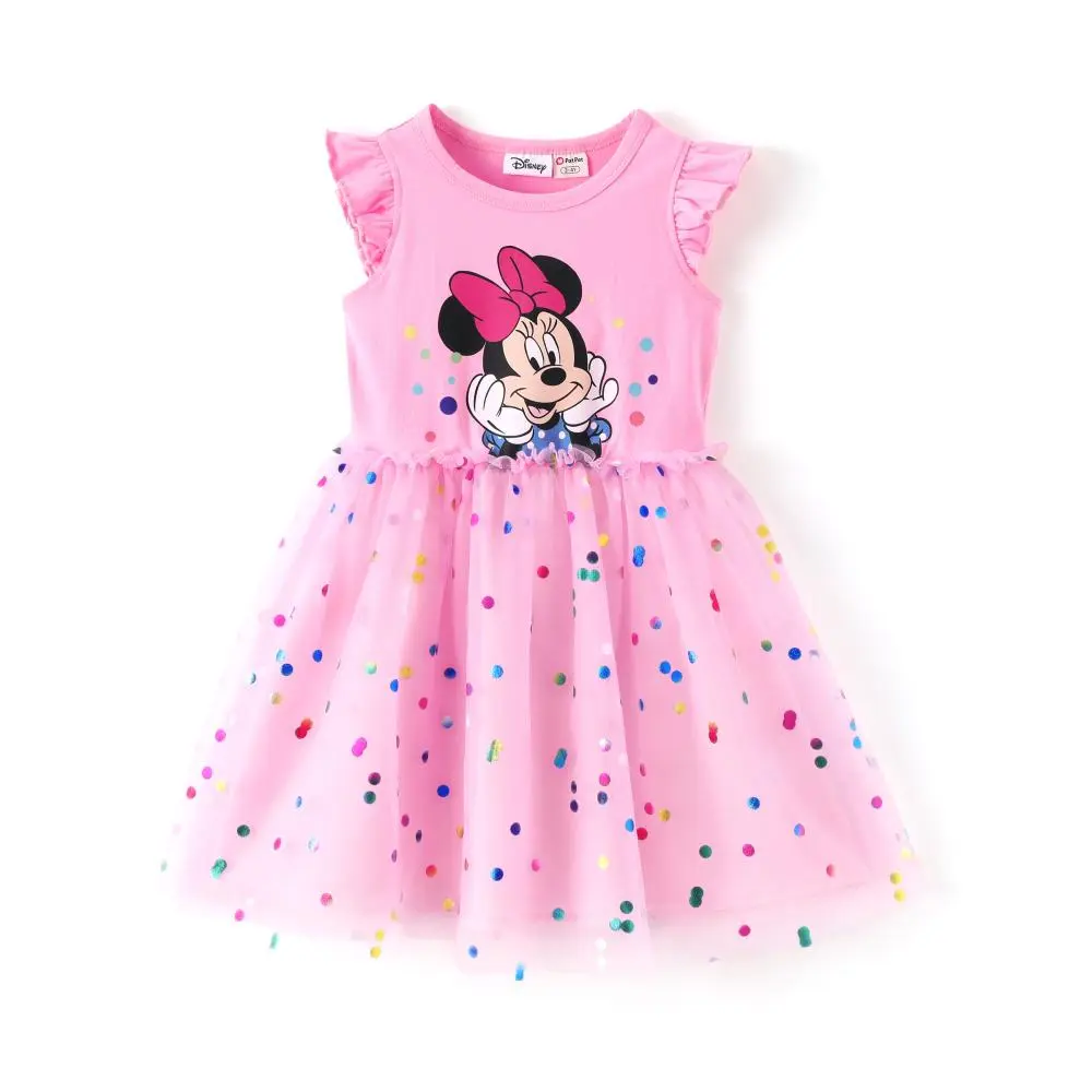 Disney Minnie Mouse Girls Birthday Dress, Ruffle Sleeveless Cotton Tulle Tutu Dress, Colorful Polka Dot Princess Party Outfit for Toddler Kids 2-9Years