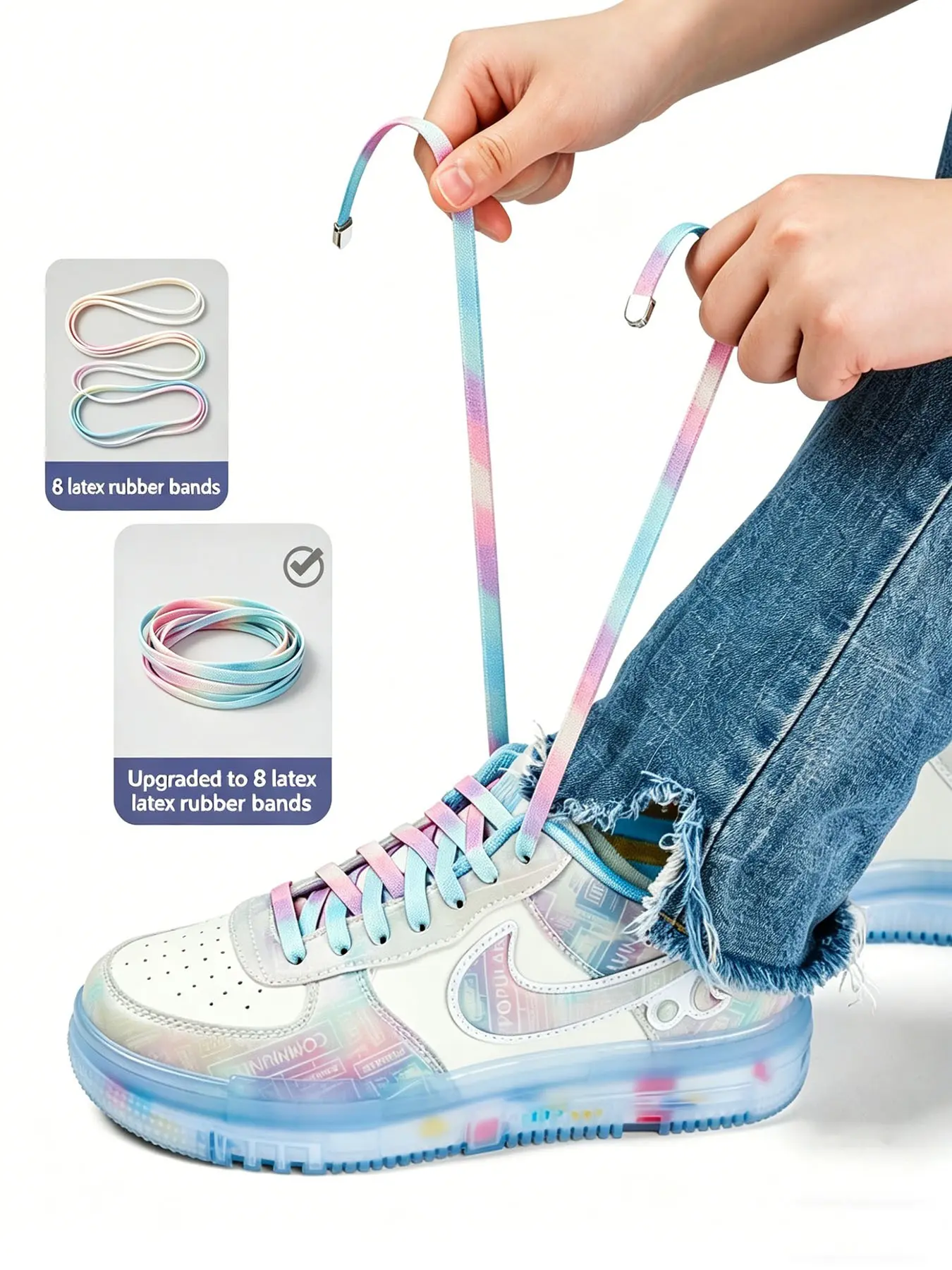 Dreamy Tie-Dye Lazy Shoelace, No-Tie Press Button, Gradient Color, Elastic Stretch, Wide Strap, Sports Shoelaces, for Sneakers, Dad Shoes, Sports Shoes, Commute, DIY Footwear