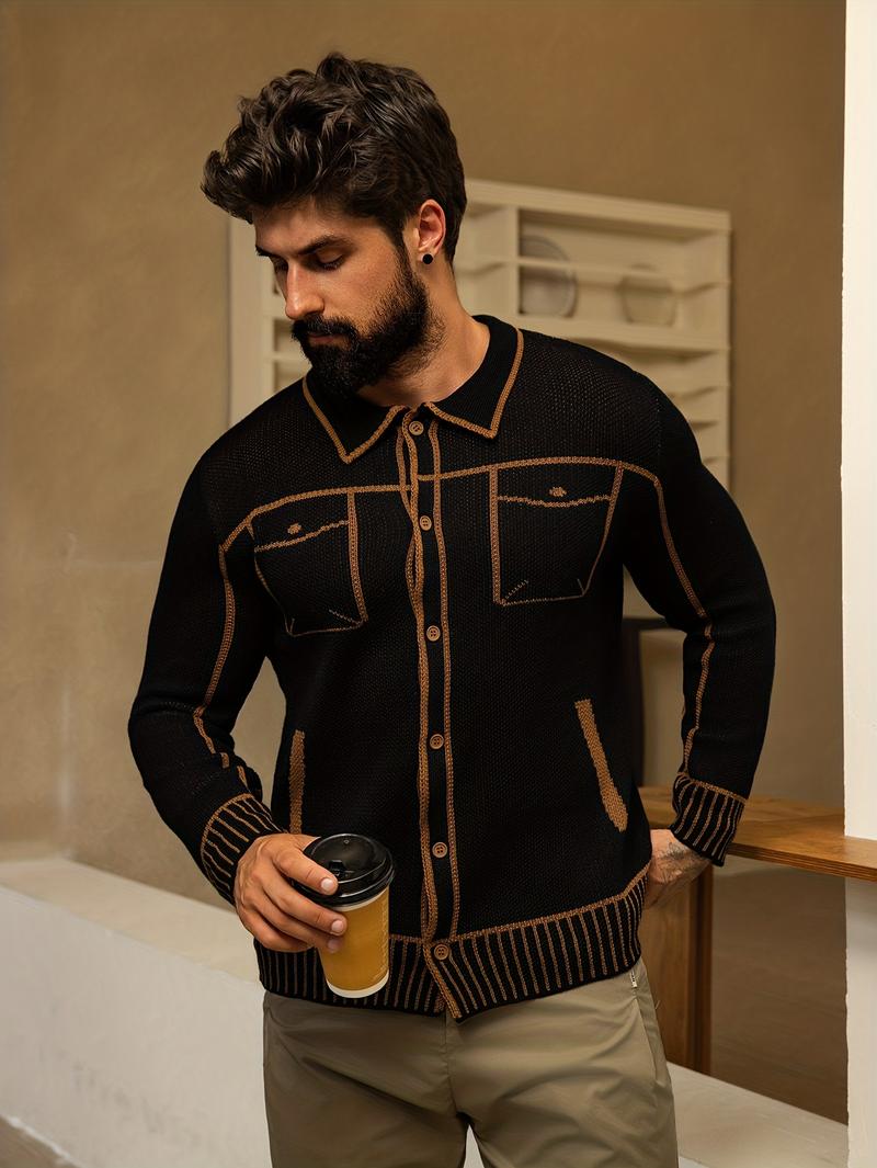 Trendy Men's Cardigan Classic Orange Stripe Jacket-Style Knitwear High Stretch Polyester Long Sleeve Casual Spring Fall Menswear - Fabric Trendy Men's Cardigan Classic Orange Stripe Jacket-Style Knitwear High Stretch Polyester Long Sleeve Casual Spring Fall Menswear - Fabric