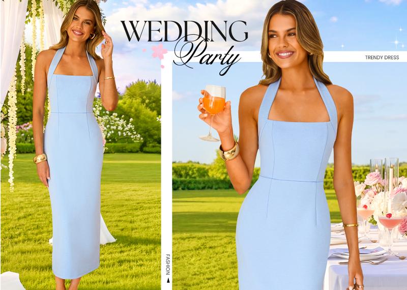 ZESICA Women's 2026 Summer Sleeveless Midi Dress Halter Neck Blackless Wedding Guest Cocktail Party Bodycon Long Dresses