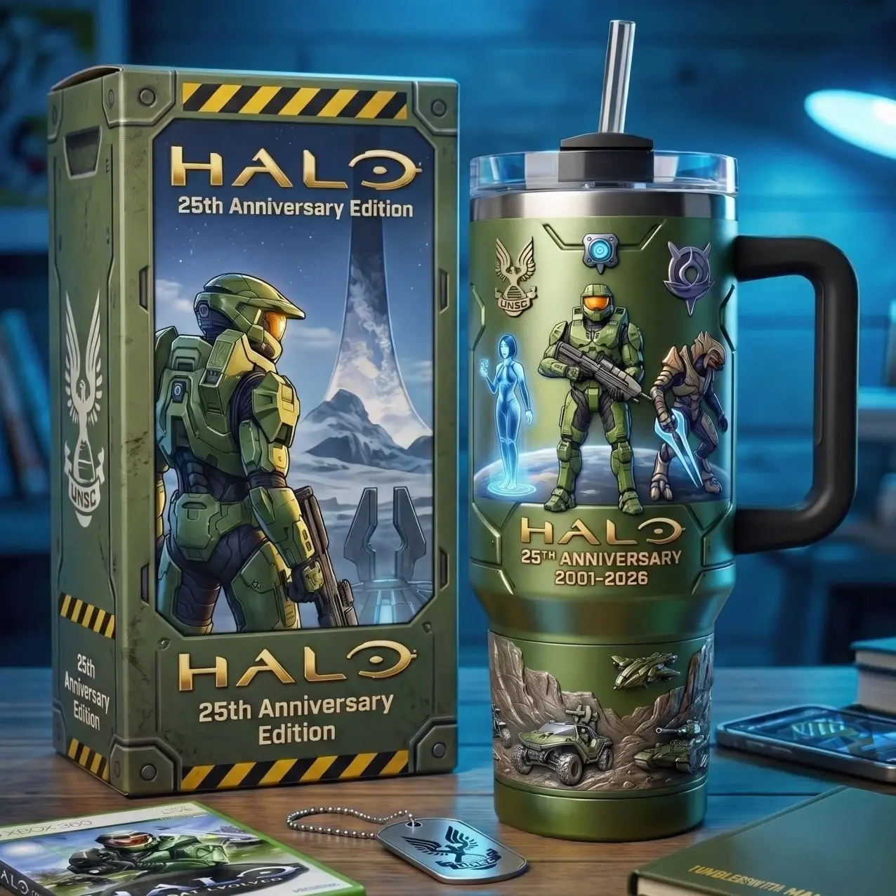 Halo 25th Anniversary Tumbler with Handle, Master Chief 40oz Insulated Travel Mug, UNSC Cortana Arbiter Game Timeline Design, Sci-Fi Gaming Merchandise, Stainless Steel Coffee Cup, Retro Video Game Collectible Birthday Gift for Men Gamers
