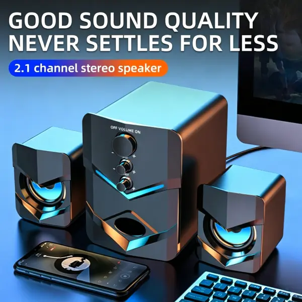 Wired computer speakers, 2.1 channel with separate subwoofer; compatible with desktop PCs and laptops; suitable for gaming, home entertainment, office audio; plug-and-play USB wired connection, no drivers needed; low latency, clean sound; high‑fidelity
