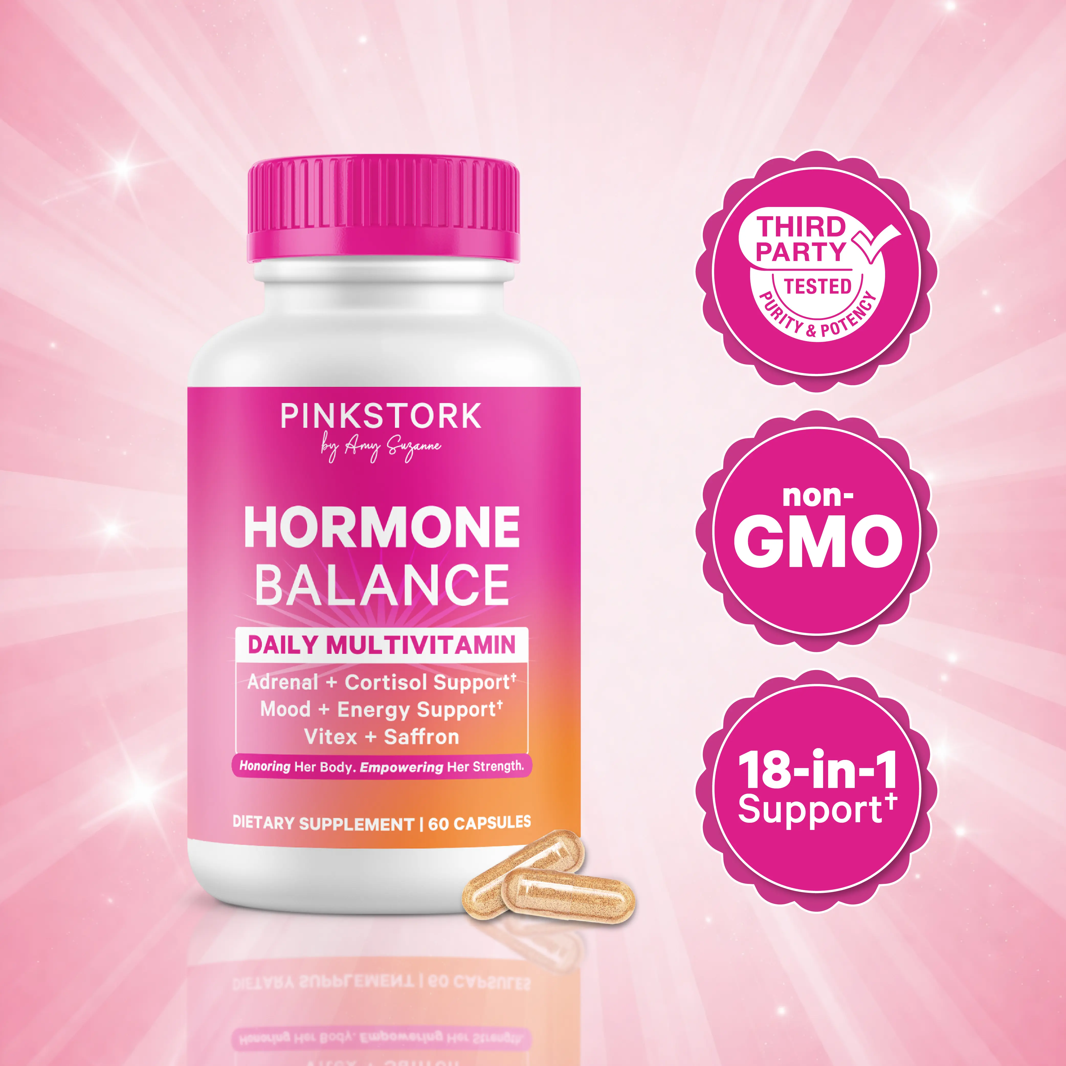 Pink Stork Hormone Balance Multivitamin |18-in-1 Daily Vitamin with Saffron, Vitex, Iron | Adrenal and Cortisol Support | Mood, Stress, Energy Support | Perimenopause, PMS and Period Relief