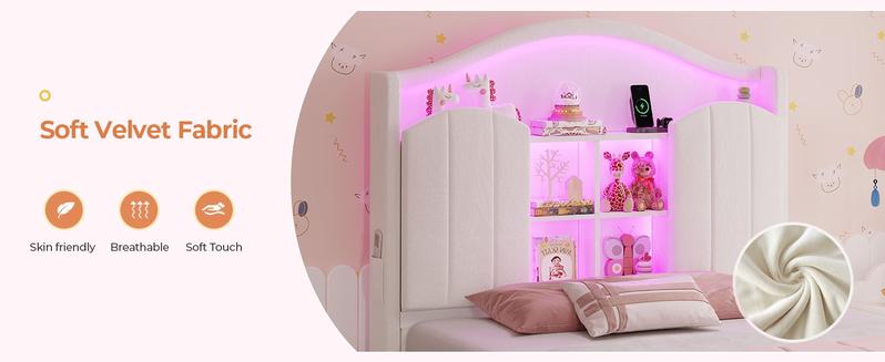 Sikaic Girls Twin Size Bed Frame with 4 Drawers & Hidden Storage Headboard LED Lights Charging Station Velvet Upholstered Strong Metal Slats No Box Spring Needed Noise Free Beige