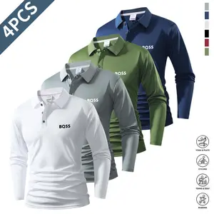 Men’s Long-Sleeve Polo Shirt Set of 4 — Soft fabric, quick-drying moisture-wicking, lightweight and breathable; ideal for layering, suitable for holiday gatherings, business meetings, office days, weekend sports, and everyday casual wear