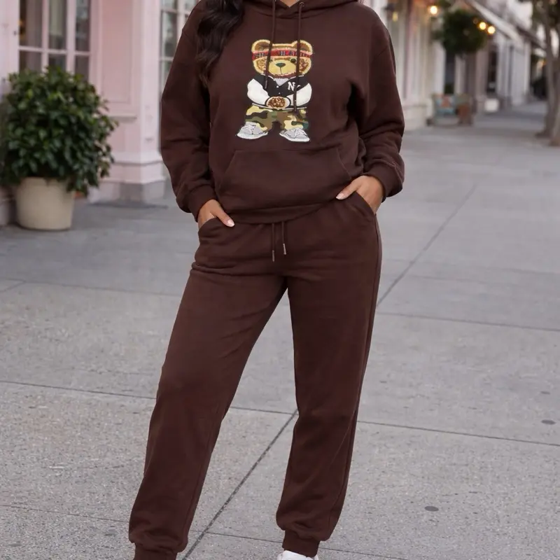 Cozy Brown Bear Print Hoodie & Matching Joggers Set for Women Comfortable Casual Outfit