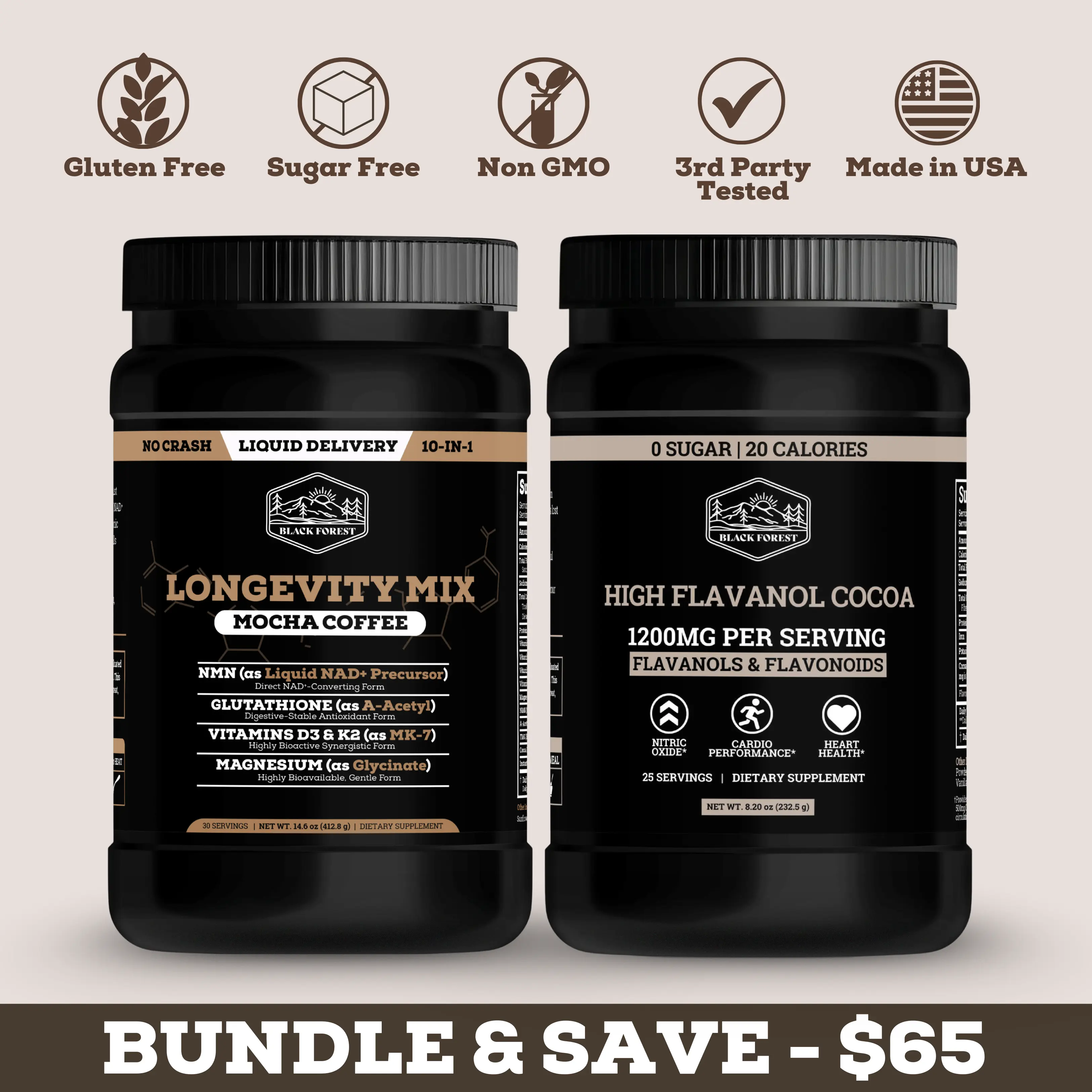 Black Forest Longevity Mix Mocha Coffee + Cocoa Flavanols & Flavonoids Bundle | Cocoa Powder 1200mg with Epicatechin + Longevity Coffee with NMN, Glutathione, Magnesium Glycinate, Vitamins D3 C K2 B12 | Supports Circulation, Energy & Daily Wellness, Choco