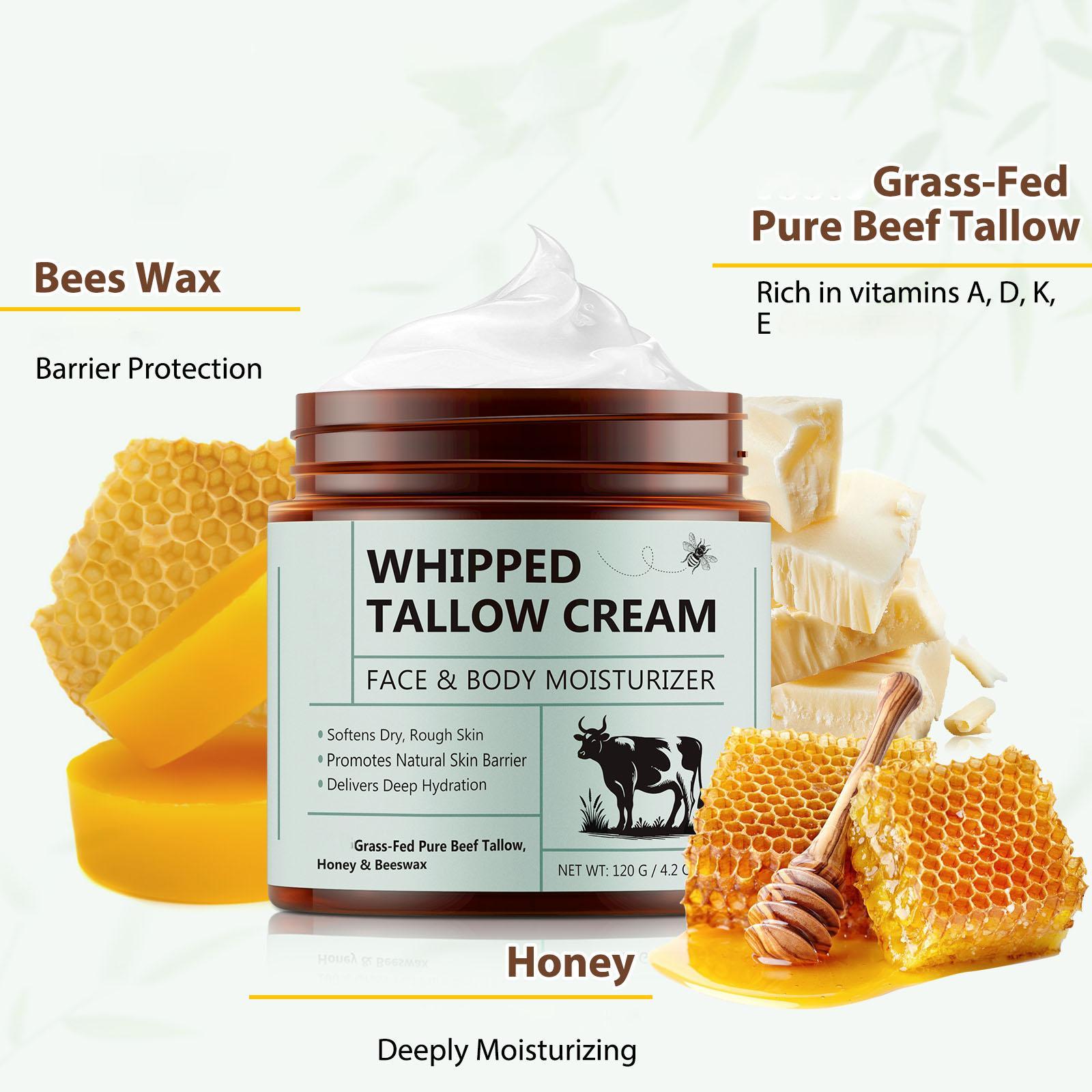 Beef Tallow and Honey Balm, Beef Tallow for Skin, Face & Body Moisturizer, Honey Beeswax, Whipped Tallow Cream Delivers Deep Hydration Skin(120G)