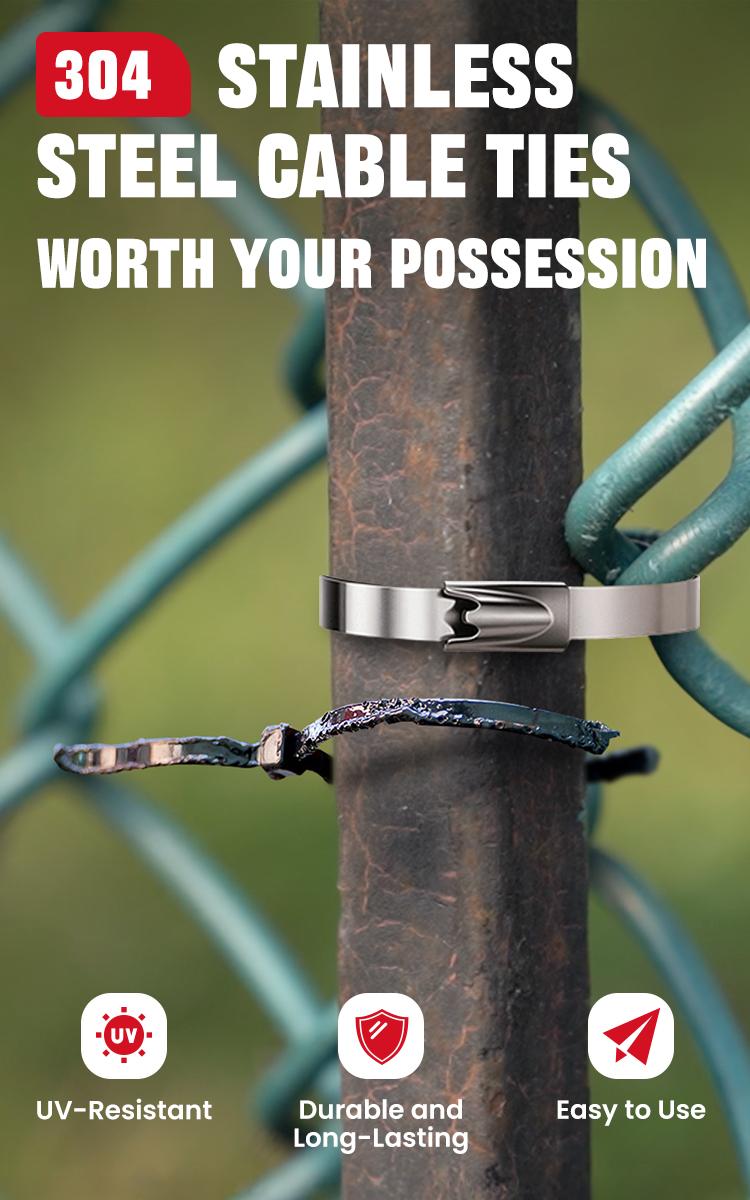 Stainless Steel Cable Tie Gun Kit-100PCS 11.8 inches 304 Heavy Duty Metal Zip Ties, 200LBS Tensile Strength & UV Resistant-for Fence, Exhaust Pipe, Chicken Coop & Industrial Use