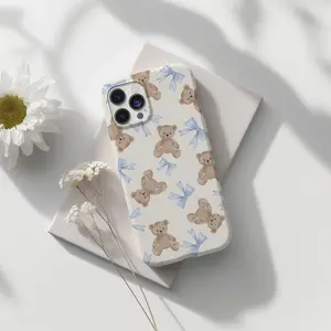 Coquette Teddy Bear Phone Case Blue Bows, Protective Silicone Liner