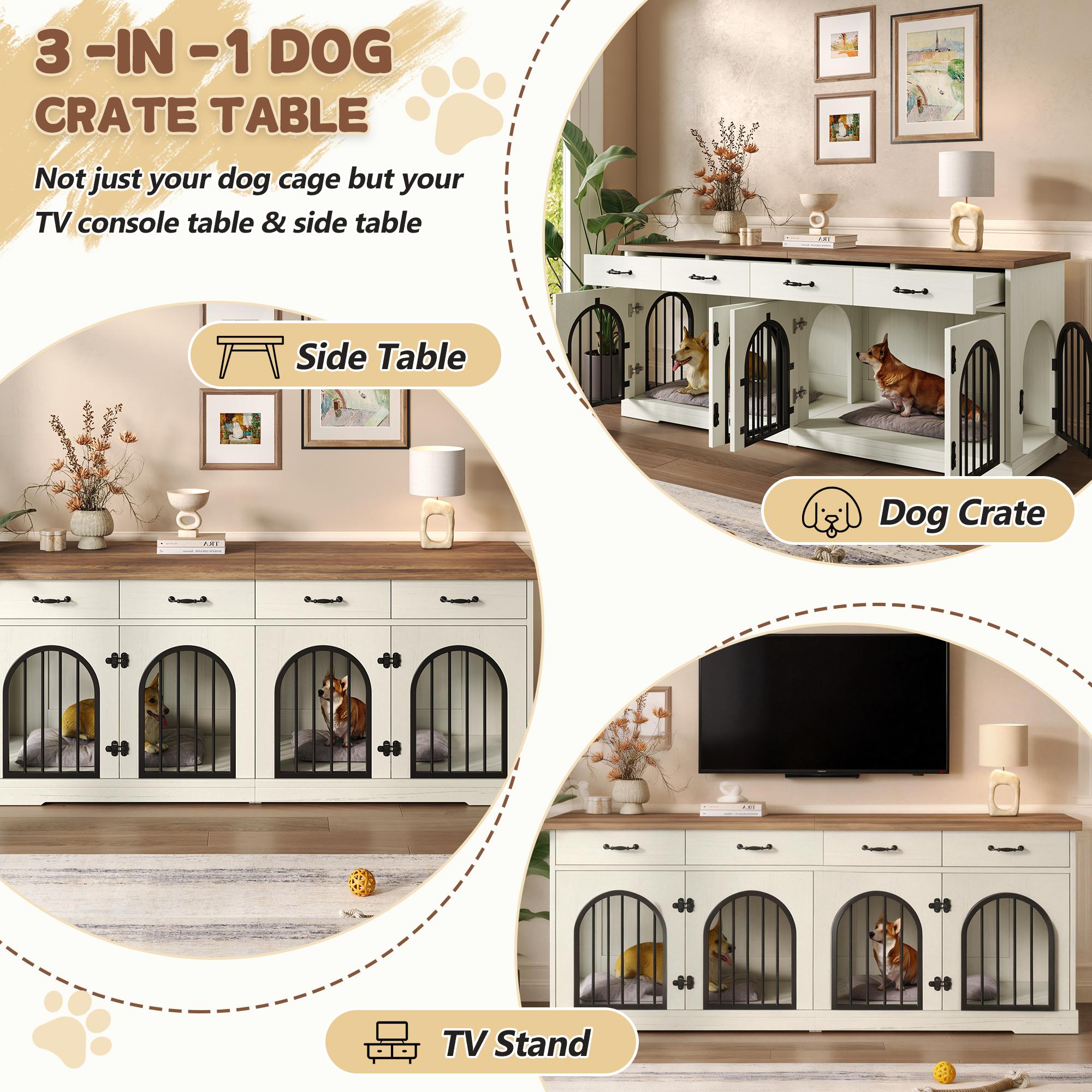 70.8" Large Dog Crate Furniture for 2 Dogs, Dog Kennel Indoor with Removable Divider Door and 4 Storage Drawers, End Table, Dog Crate TV Stand with 4 Doors for Medium Small Dogs, White and Brown
