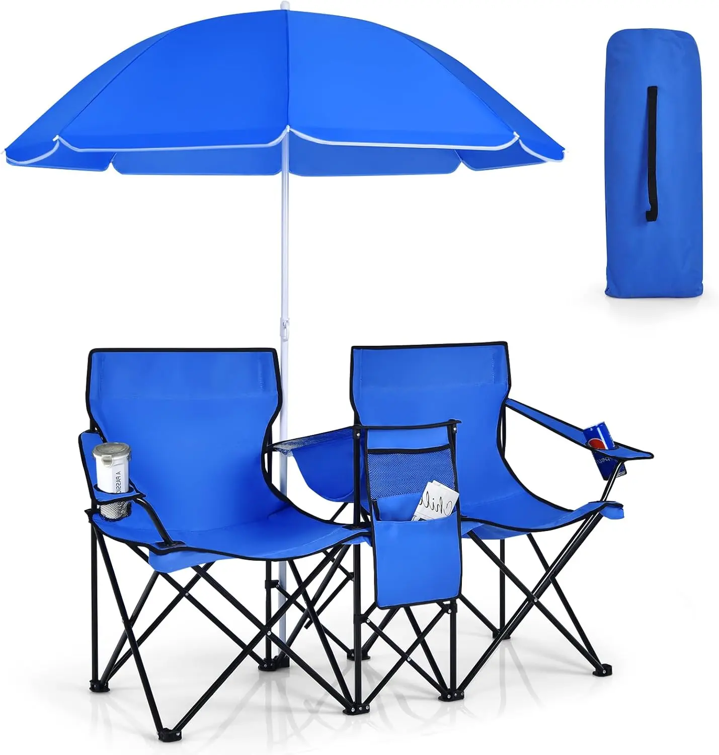 Folding Double Camping Chair with Detachable Umbrella - Lightweight Foldable Ergonomic Beach Chair Set, Outdoor Stuff for Adults with Cooler Bag, Beverage Holder, Carry Bag