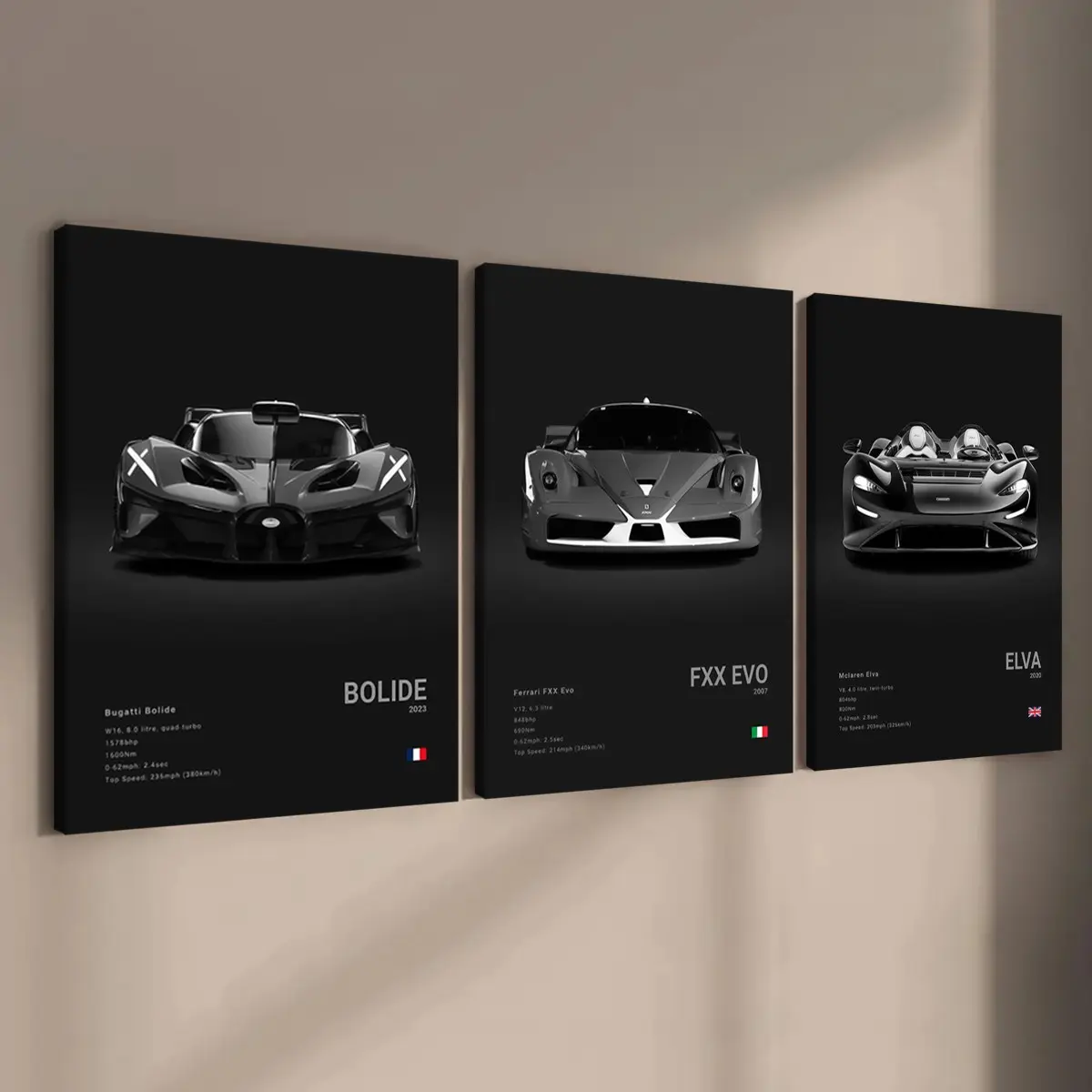 3-Piece Wooden Frame Supercar Canvas Wall Art, Art Prints for Male Bedroom & Living Room, Modern Home Wall Decor for Car Collectors, Corridor & Office, Ideal Gift
