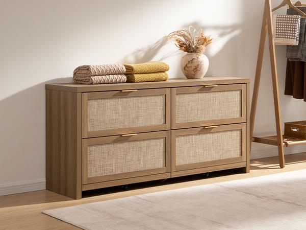 SICOTAS 60.8" Dresser for Bedroom, Rattan Boho Dresser with 4 Deep Drawers, Large Chest of Drawers for Closet,Nursery,Dressers TV Stand for Living Room