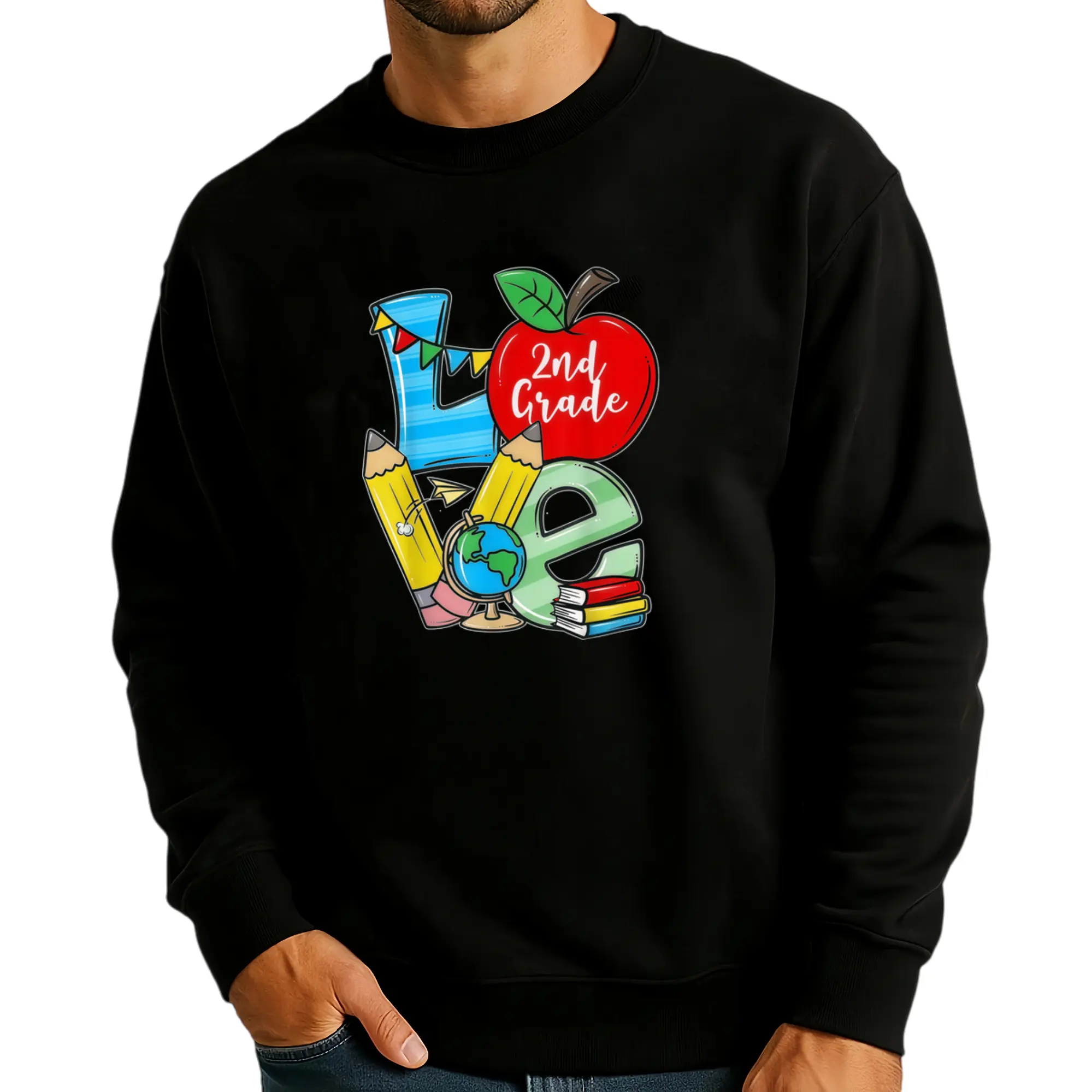 Unisex Long Sleeve Sweatshirt with Fun Back-to-School Apple, Pencil & Book Designs – Comfortable Pure Fabric for Teachers and Casual Wear