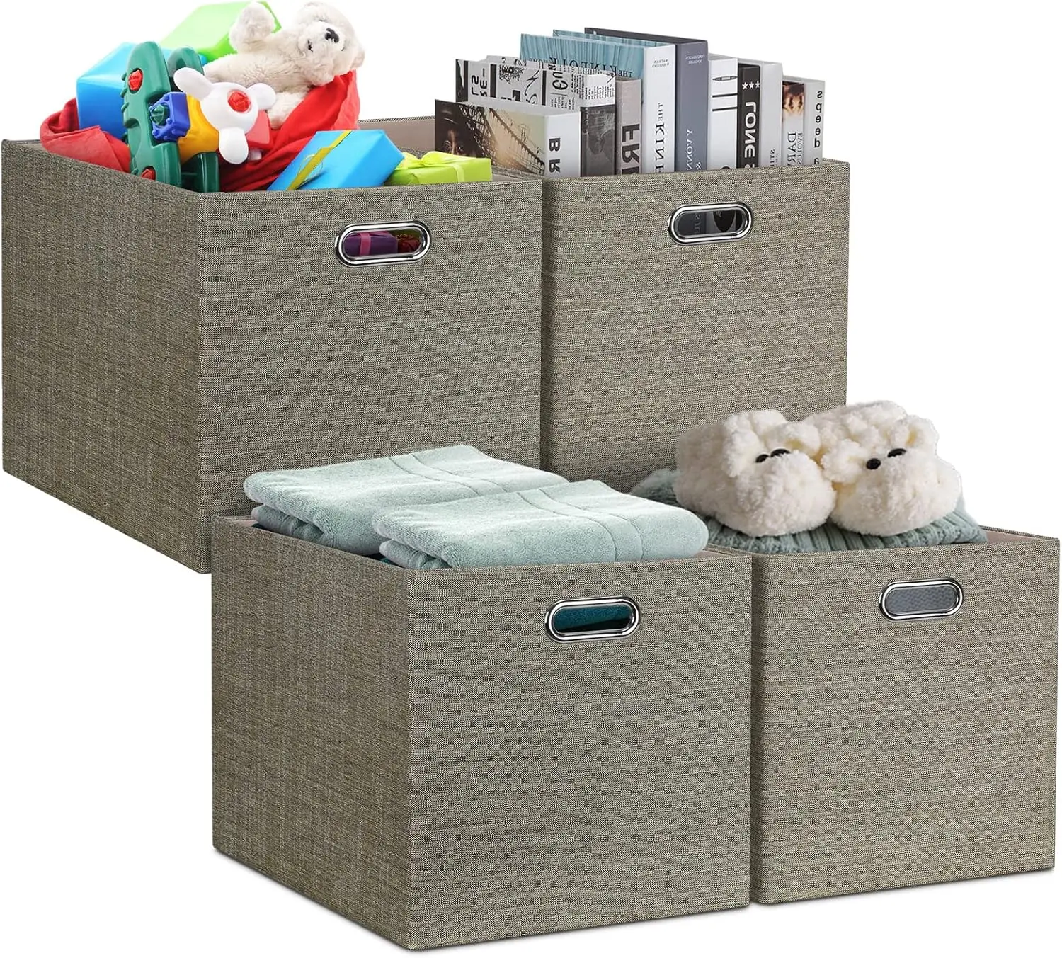 13x15x13 Inch Storage Cube Bins Set of 4, Foldable Fabric Storage Baskets with Metal Handles, Collapsible Cubby Organizer Boxes for Shelves, Closet, Clothes, Toys & Nursery, Coffee