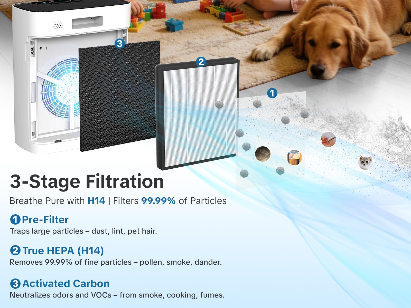 Cobectal 8000A Air Purifier Replacement Filter - 3-Stage H14 True HEPA with Activated Carbon, Highly Efficient Filtration, Compatible with Cobectal ZQA 8000A