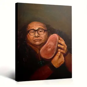 2D canvas, with inner frame, 1 piece. Danny DeVito holding a piece of ham. Wooden framed canvas painting, thickness 2.25cm, high-quality wall art print poster, ready-to-hang wall painting, home gift, suitable for living room, bathroom, bedroom, kit