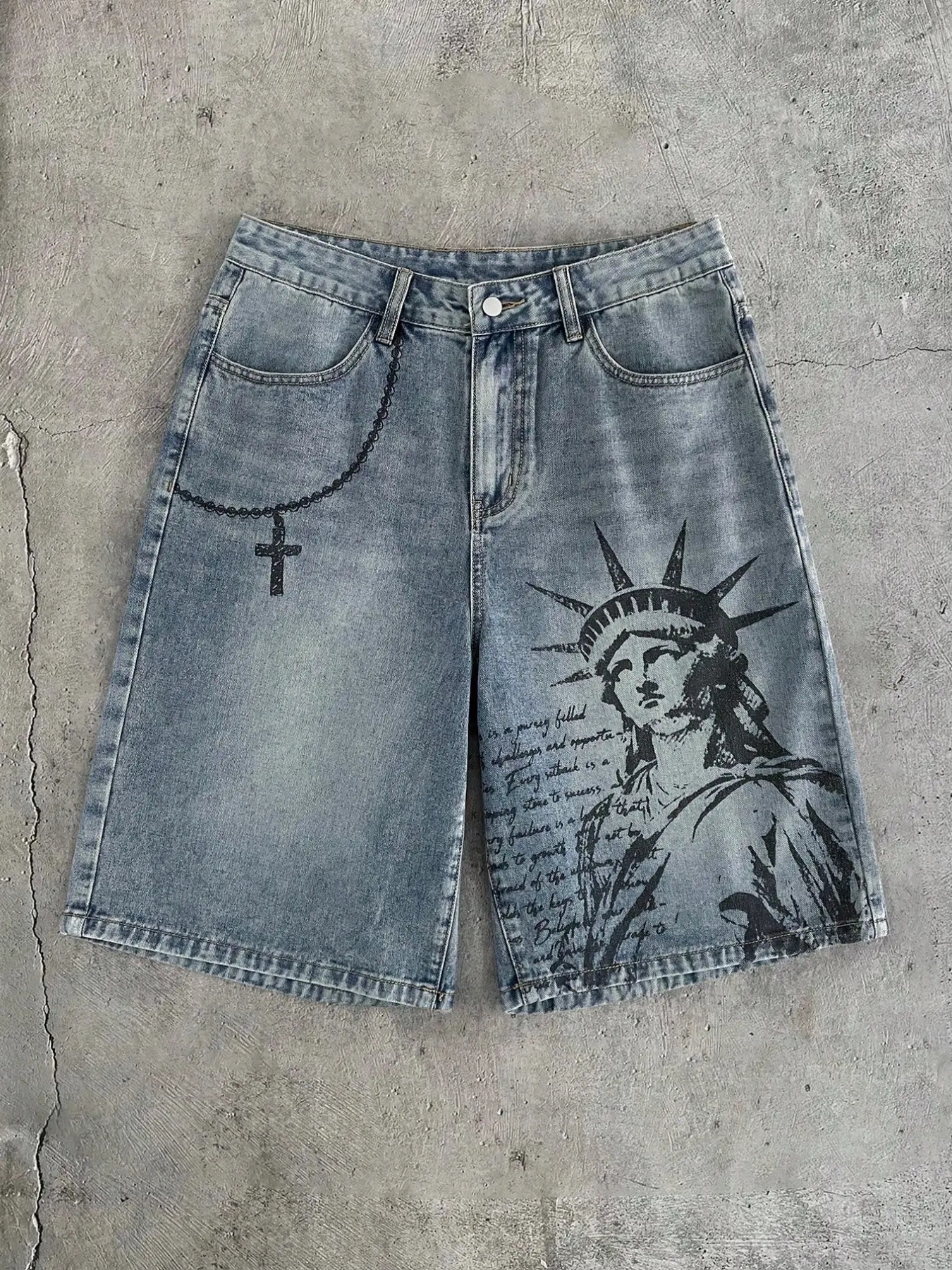 American Style Statue of Liberty Print Summer Retro Denim Jeans Shorts, Men's Versatile Casual Loose Fit Straight Leg Shorts, Light Blue Streetwear Fashion, Vintage Menswear