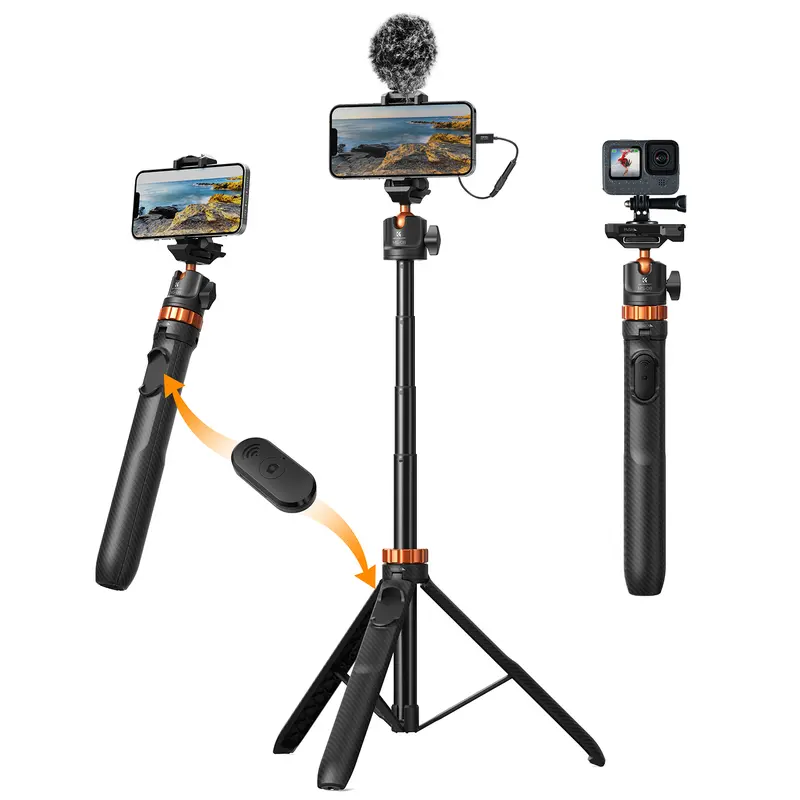 【DealsForYouDays】K&F CONCEPT Selfie Stick Tripod – 2-in-1 Phone/Camera Stand with Built-in Remote| For iPhone/Android, Works with Selfie Accessories & GoPro/DJI/Insta360| Ideal for Travel/Live Streaming/Vlogging/Daily Use