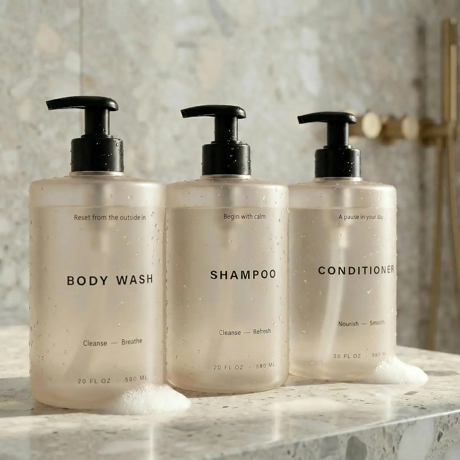 Stylish Shampoo and Conditioner Dispenser Set of 3 - Modern 20oz Shower Soap Bottles with Pump and Labels - Easy to Refill Body Wash Dispensers for an Instant Bathroom Decor Upgrade
