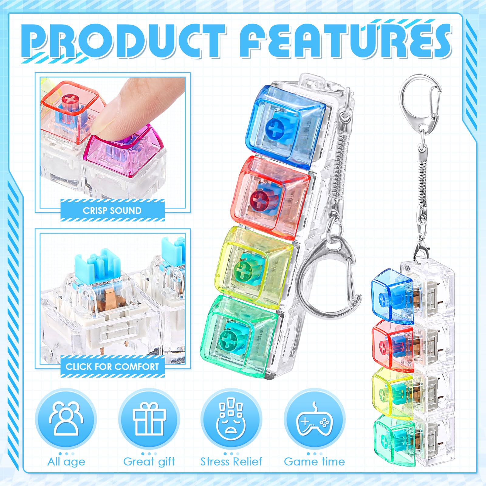 4/5 Pcs Keyboard Fidget, 4-In-1Decompression Button Keychain, Stress Relief Finger Clicker in 5 Styles, Valentines Galentines Gift for Office School Home to Pass The Time, Galentine Party Favor Valentine Basket Filler