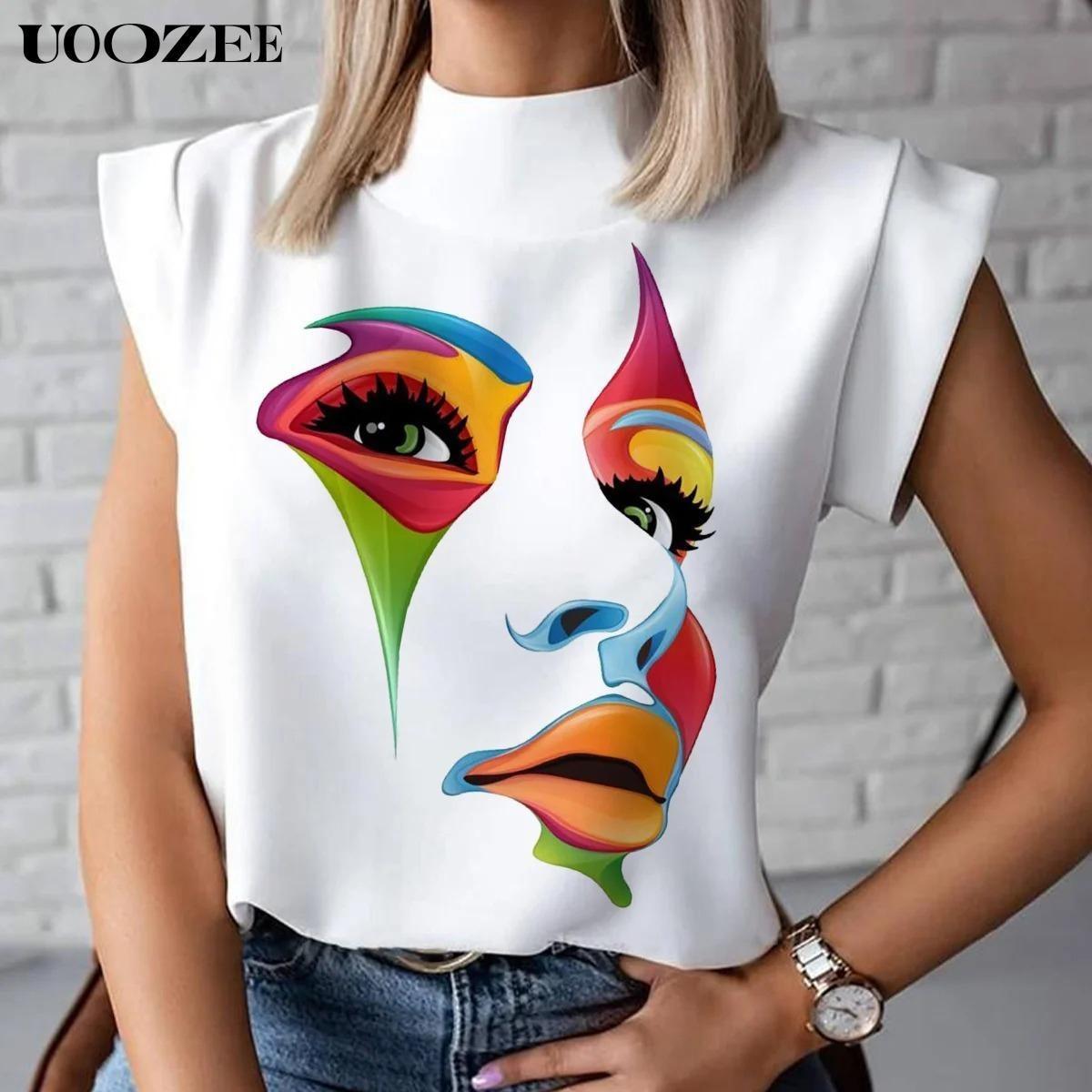 Women's summer comfortable casual cap sleeve loose 3D human face print high collar T-shirt top, daily leisure, comfortable and breathable cute shirt Womenswear Tshirt