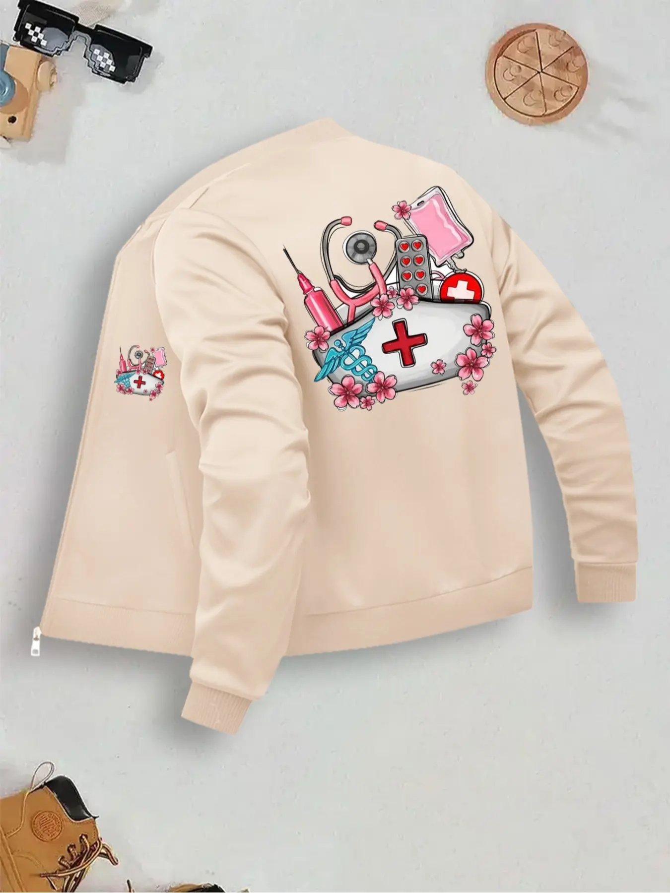 Women's Nurse Jacket Workwear, Womenswear, Coats, Casual Fitted Outerwear, Long Sleeve, Fitted, Print, Zipper Front, Comfortable Fabric, Casual Fashion, Medical Personnel Clothing, Casual Pocket Jacket, Jacket with Pockets, Fall & Winter