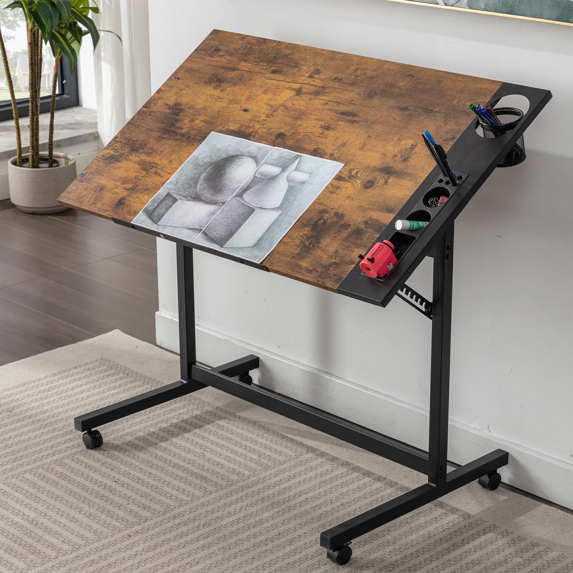 VECELO Adjustable Height Drafting Desk - Tilting Tabletop, Drawers, Movable Wheels, Modern Furniture Art Craft Desk for Home Office, Children's Artist Work Station