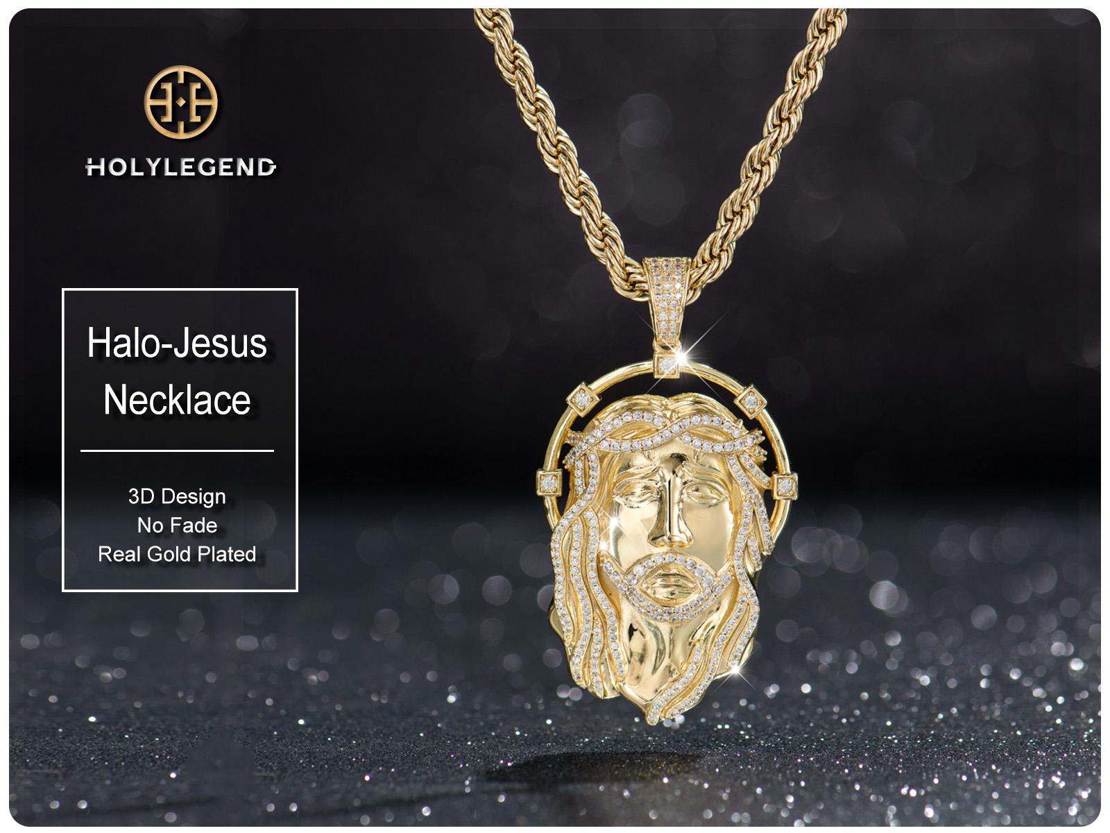 Holylegend 14k Real Gold-Plated Mens Jesus Pendant Necklace, Iced Out Jesus Head with Halo, CZ Diamond Hair & Fully Paved Bail, Hip Hop Religious Jewelry, Gift for Fashion Lovers