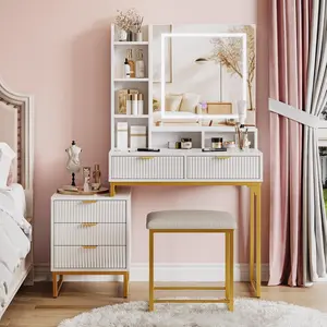 Makeup Vanity Desk with Mirror and Lights, Vanity Table with 5 Drawers, Vanity Set with Stool and Removable Side Storage Cabinet for Bedroom, White & Gold