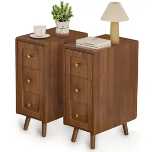 Giratree Small Nightstand with 3 Drawers, Narrow Bedside Table Vintage Skinny Night Stand with Storage, Wood Slim Side Table for Bedroom, Small Spaces, Living Room