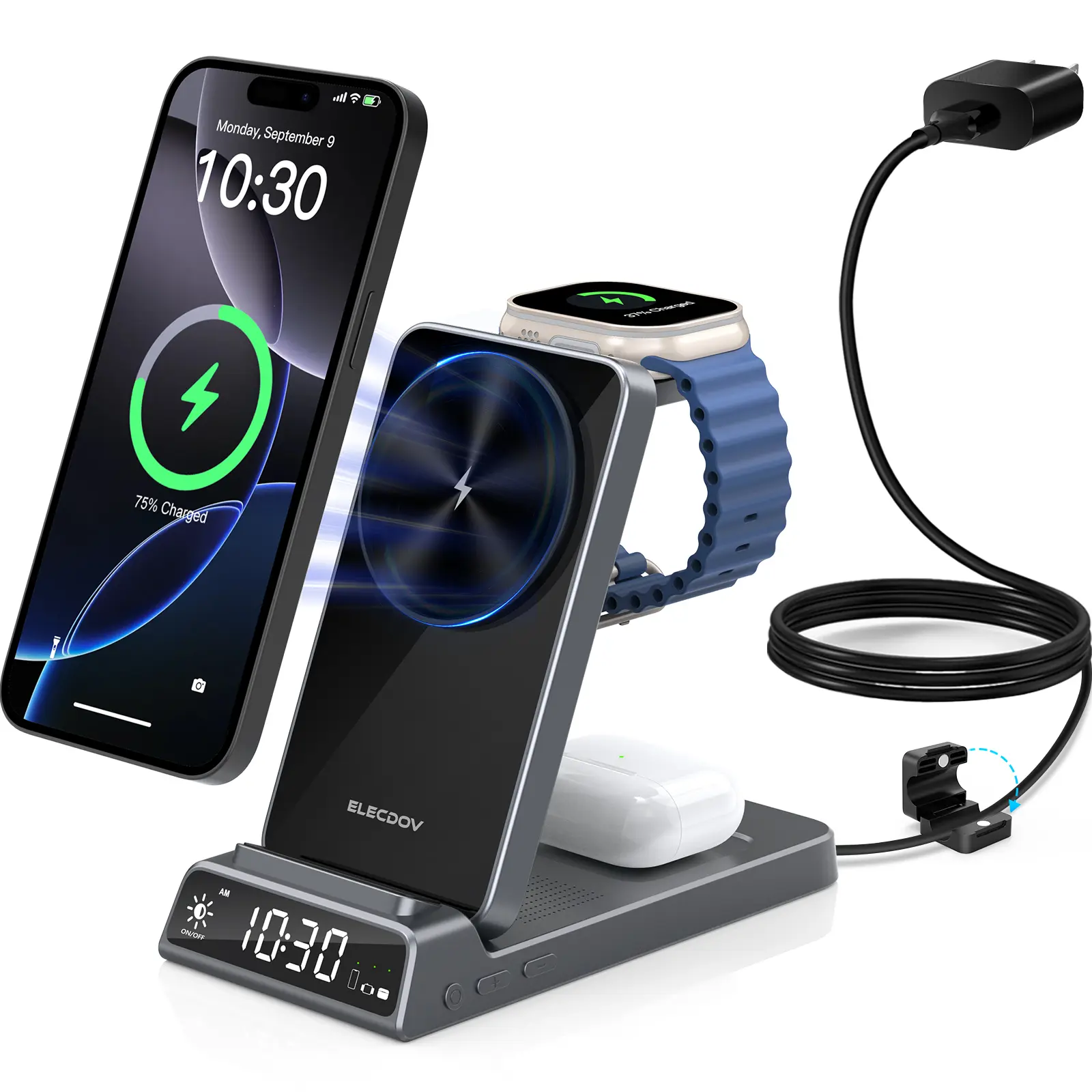 Elecdov Magnetic 5-in-1 Wireless Charging Station (CE19) — 15W Fast Charging | Compatible with Full Range of Apple iPhones, Samsung Galaxy Series, and Other Android Phones | Integrated Cooling Vents | Foldable Design | Bedside Clock Function | Summervibes