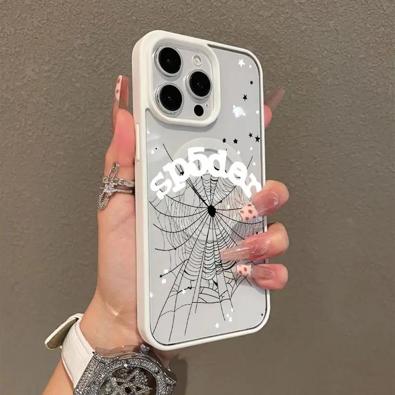 Spiderweb and Star pattern magnetic MagSafe quick-release protective case, suitable for iPhone 17/16 Pro Max, 15 Pro, 14, 13, 12 Mini, 11, XR, XS Plus, SE, shockproof and anti-slip, ultra-thin silicone transparent acrylic protective case