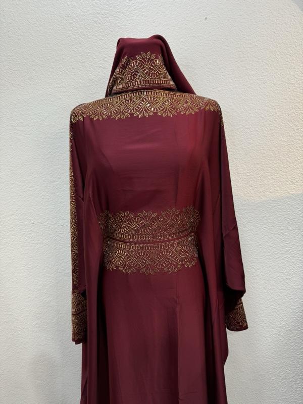 Butterfly Style Dubai Abaya - Maroon Color with Intricate Gold Embroidery Design