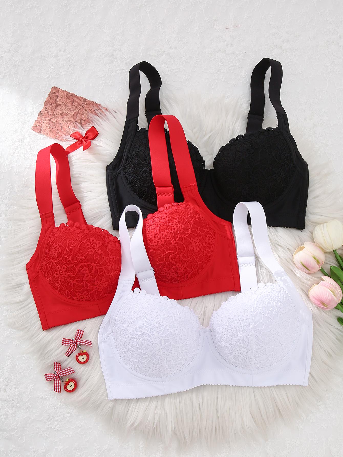 Mimilemon 3PCS Elegant Ladies Bra Non-Detachable Pads Steel Cups Floral Pattern Comfortable All-Day Wear Adjustable Underwear everyday lace Elegance Womenswear Push up bra brasier Aesthetic Style