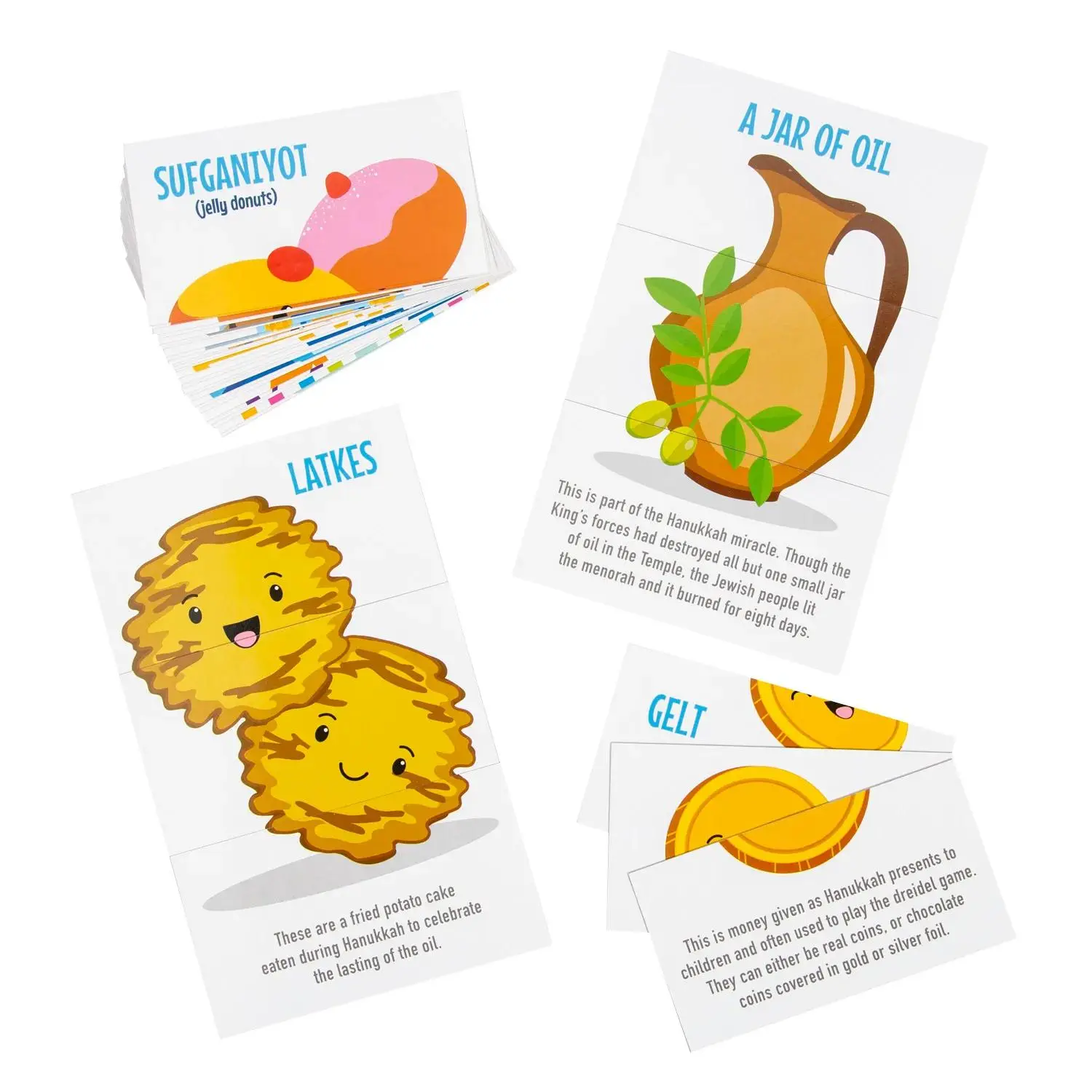 Hanukkah Rectangular Puzzle Cards - 12 Laminated 5" x 2 3/4" Early Learning Cards for 4-6 Years Old Beginners to Teach Faith with Spiritual Meaning