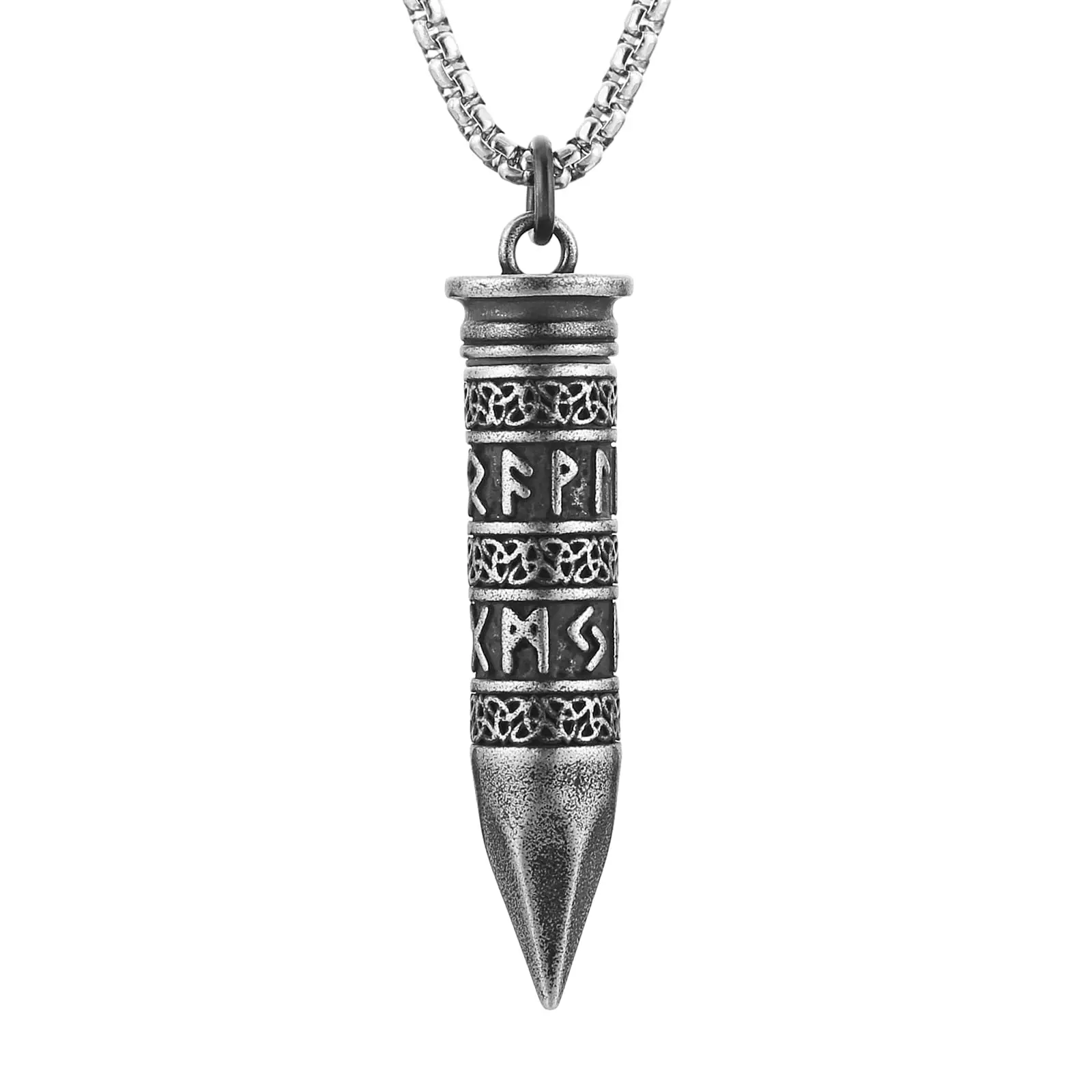 HZMAN Bullet Cremation Urn Necklace for Ashes Stainless Steel Viking Runes Memorial Pendant for Men Keepsake Jewelry