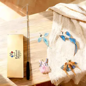 Natural Feather Cat Wand Toy Set with Retractable Flexible Wand & 4 Interchangeable Feather Attachments for Engaging Play