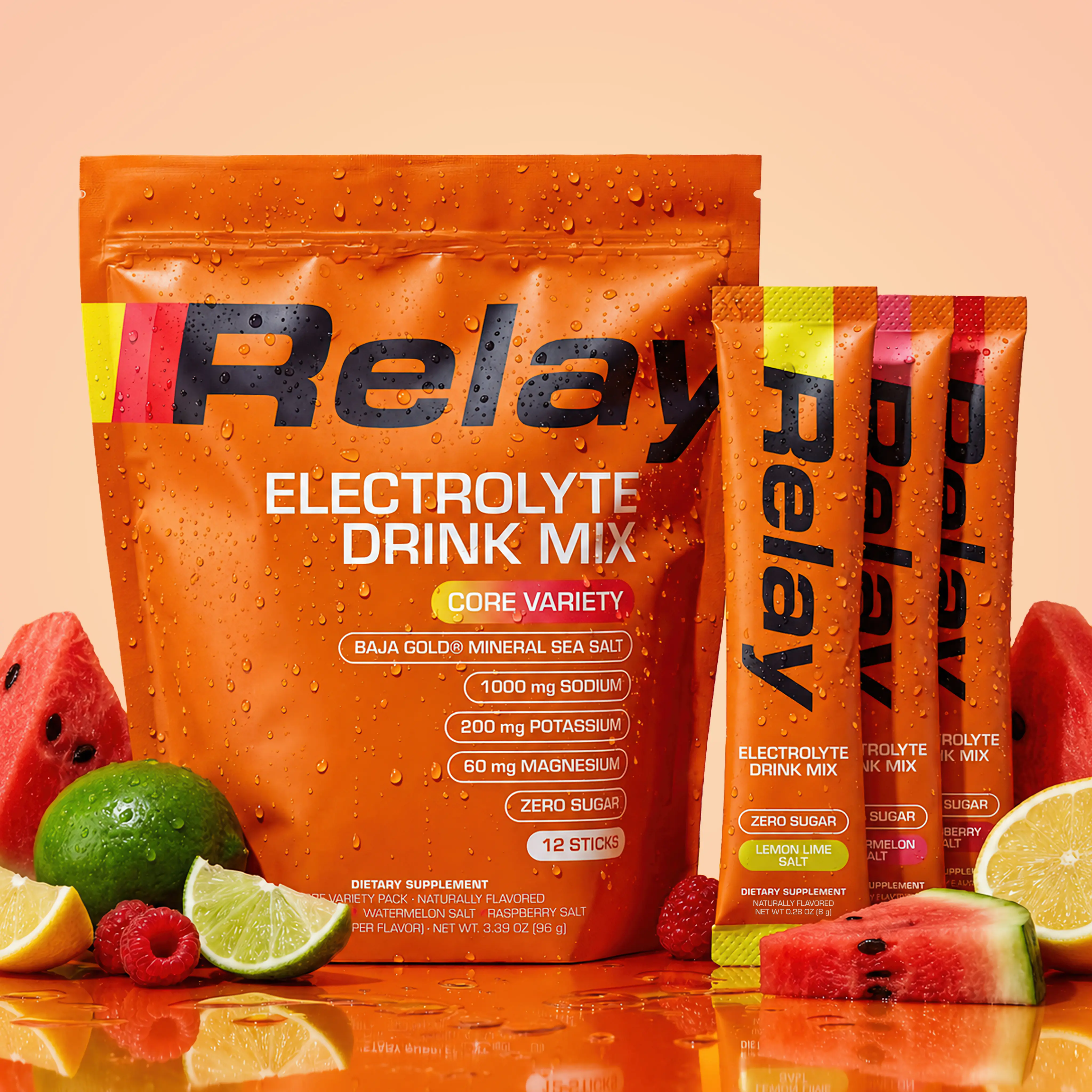 Sugar Free Relay Electrolyte Hydration Drink Mix Powder Packets - Baja Gold Sea Salt Variety Pack wtih Sodium, Magnesium Glycinate, Potassium & Trace Minerals - 12 Pack