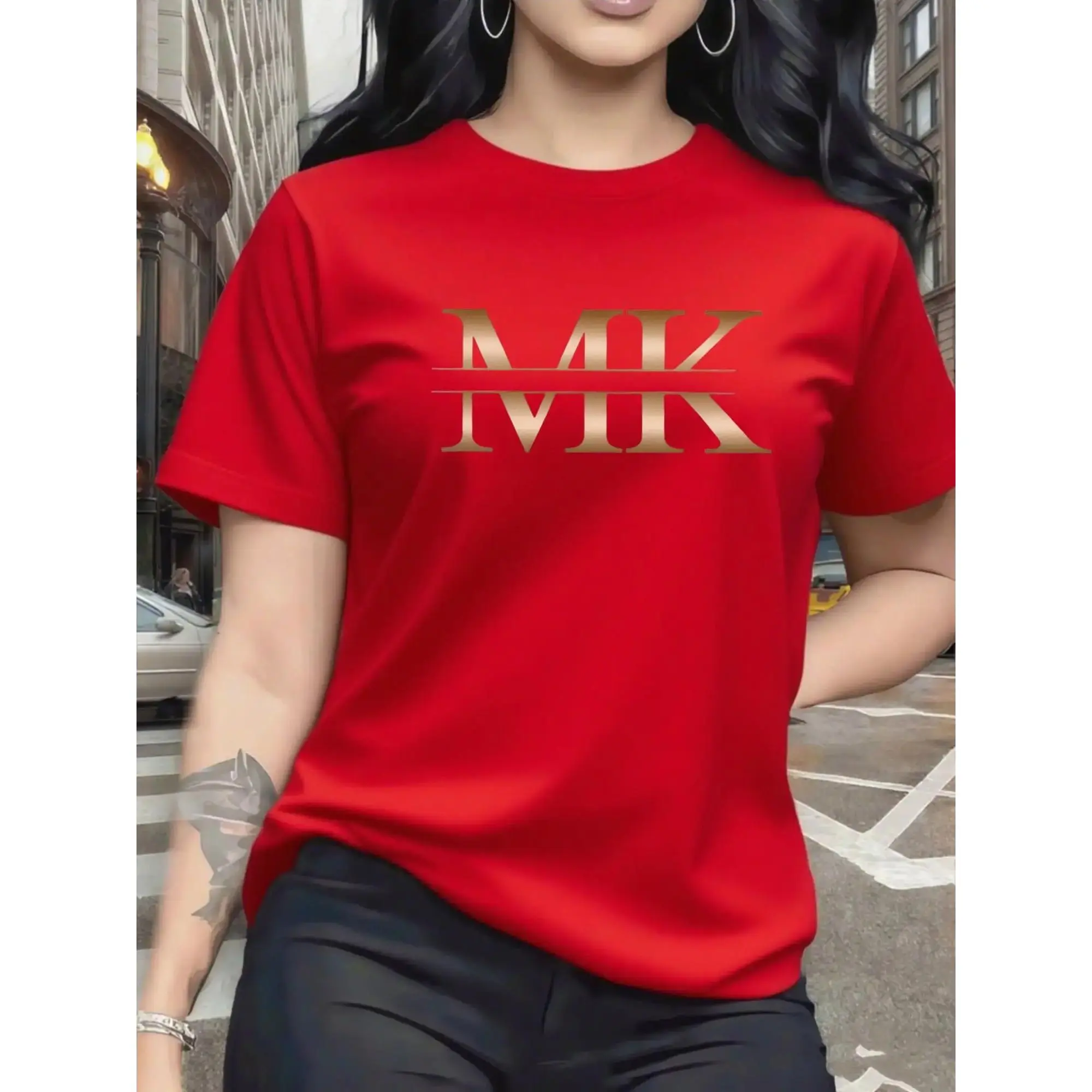 100% Cotton Women's Red Short Sleeve T-Shirt Chic Gold MK Graphic Tee Stylish And Vibrant Top For Casual Daily Wear Outings And Fashion - Forward Style Statements Fabric Womenswear Basic Flat Printed Smooth  clothing