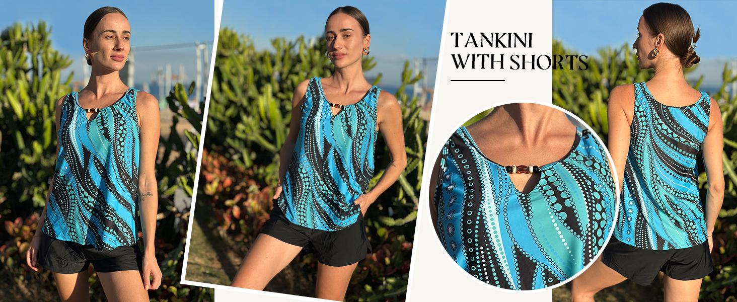 【S-2XL】Hanna Nikole Women 2 Piece Tankini Swimsuits Modest Bathing Suit Beads V Neck Swimwear with Sporty Swim Shorts Pockets