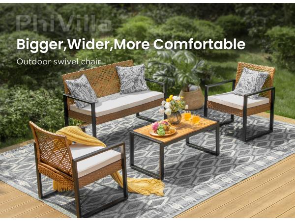 Phi Villa 4-Piece Patio Conversation Set - Wicker Chairs, Acacia Wood Coffee Table, Solid Wood Tabletop, Durable & Stylish Outdoor Design Furniture, Deals for You
